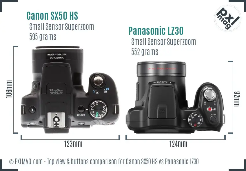 Canon SX50 HS vs Panasonic LZ30 top view buttons comparison
