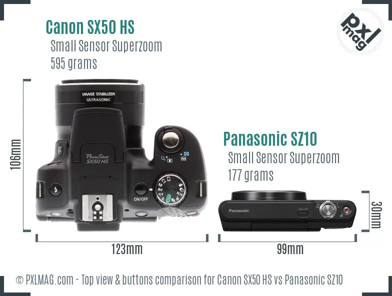 Canon SX50 HS vs Panasonic SZ10 top view buttons comparison