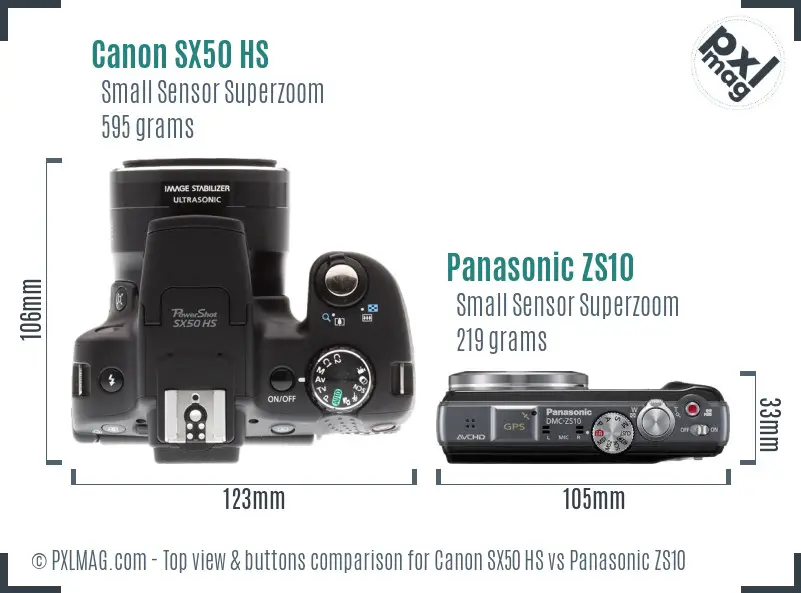 Canon SX50 HS vs Panasonic ZS10 top view buttons comparison Canon SX50 HS vs Panasonic ZS10 top view buttons comparison