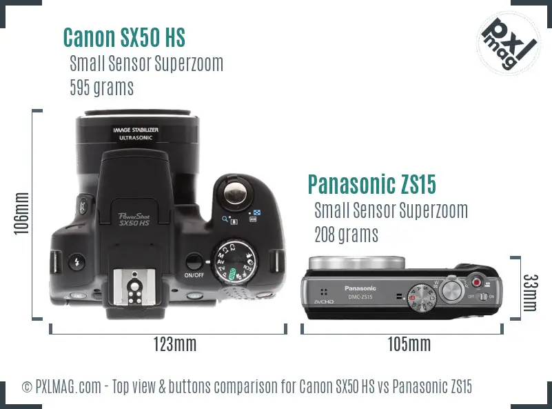 Canon SX50 HS vs Panasonic ZS15 top view buttons comparison Canon SX50 HS vs Panasonic ZS15 top view buttons comparison