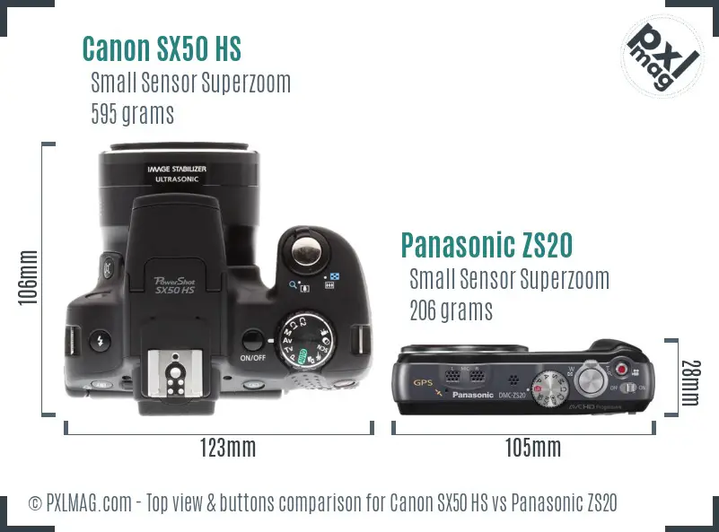 Canon SX50 HS vs Panasonic ZS20 top view buttons comparison