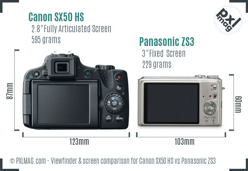 Canon SX50 HS vs Panasonic ZS3 Screen and Viewfinder comparison