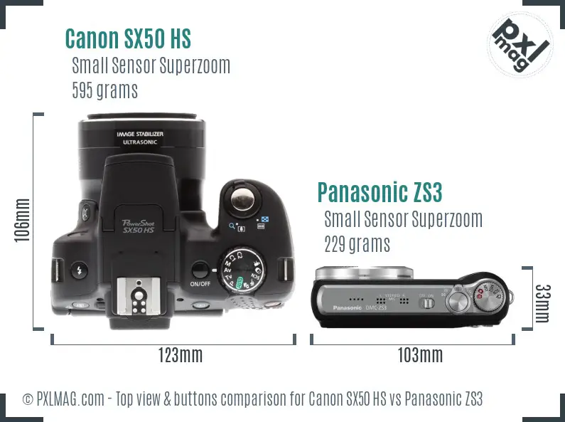 Canon SX50 HS vs Panasonic ZS3 top view buttons comparison