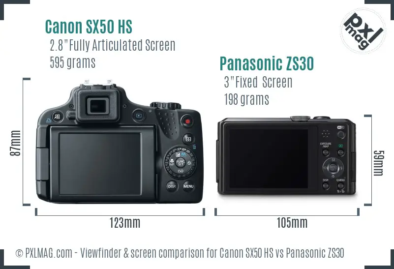 Canon SX50 HS vs Panasonic ZS30 Screen and Viewfinder comparison