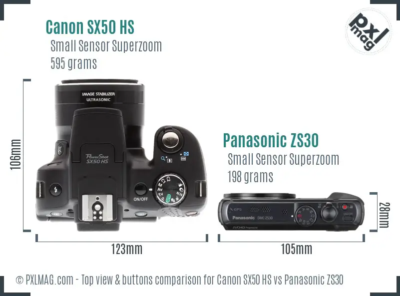 Canon SX50 HS vs Panasonic ZS30 top view buttons comparison