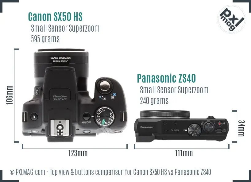 Canon SX50 HS vs Panasonic ZS40 top view buttons comparison Canon SX50 HS vs Panasonic ZS40 top view buttons comparison