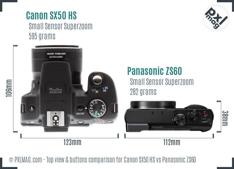 Canon SX50 HS vs Panasonic ZS60 top view buttons comparison