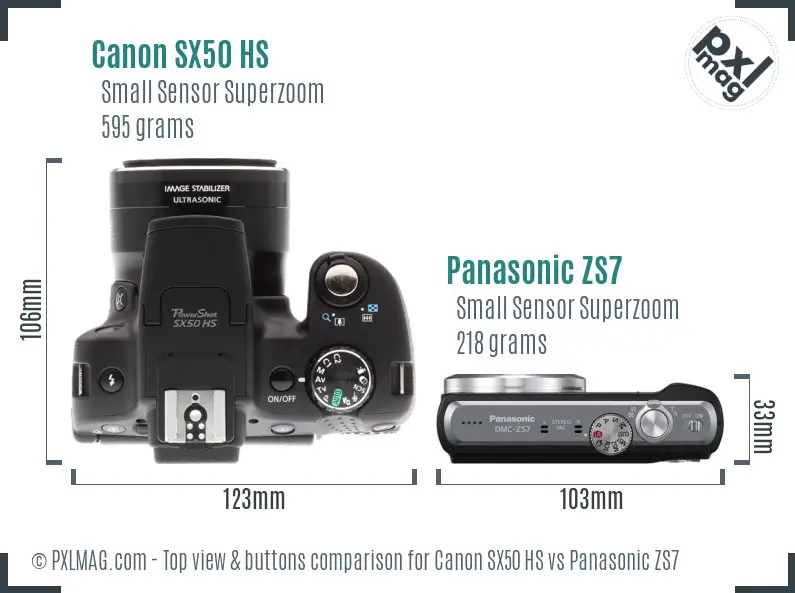 Canon SX50 HS vs Panasonic ZS7 top view buttons comparison