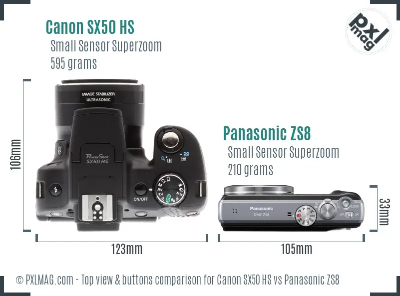 Canon SX50 HS vs Panasonic ZS8 top view buttons comparison