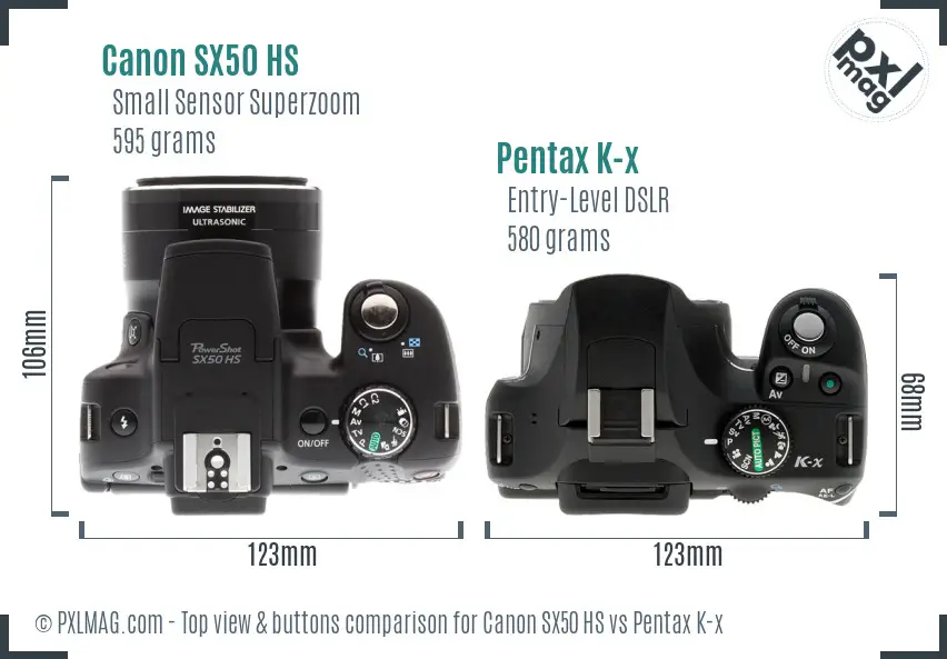 Canon SX50 HS vs Pentax K-x top view buttons comparison Canon SX50 HS vs Pentax K-x top view buttons comparison