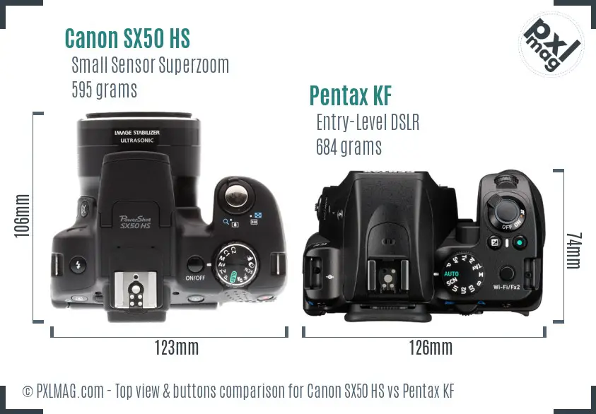Canon SX50 HS vs Pentax KF top view buttons comparison Canon SX50 HS vs Pentax KF top view buttons comparison