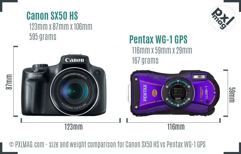Canon SX50 HS vs Pentax WG-1 GPS size comparison Canon SX50 HS vs Pentax WG-1 GPS size comparison