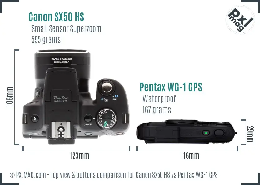 Canon SX50 HS vs Pentax WG-1 GPS top view buttons comparison Canon SX50 HS vs Pentax WG-1 GPS top view buttons comparison