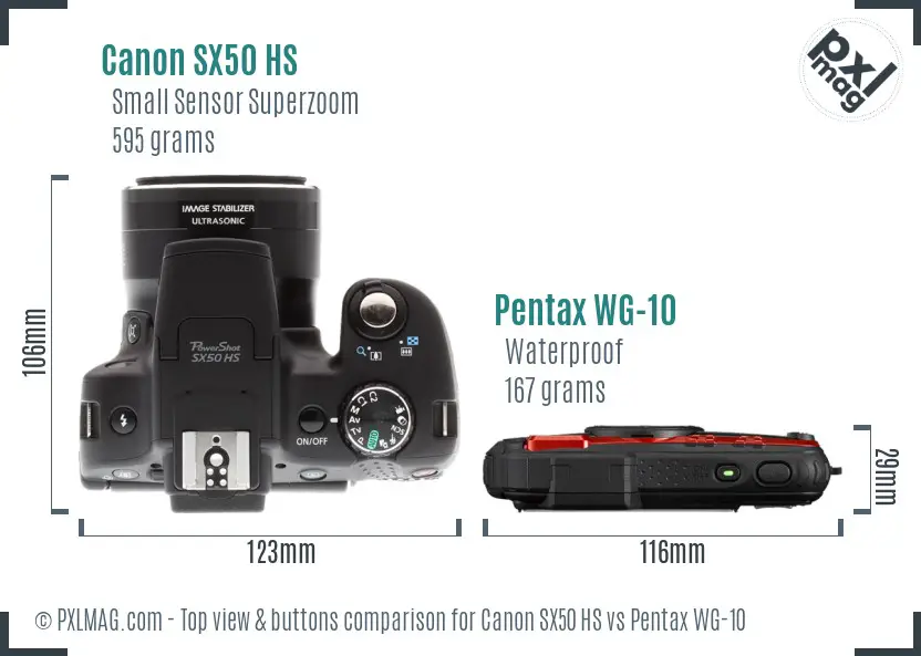 Canon SX50 HS vs Pentax WG-10 top view buttons comparison