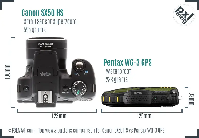 Canon SX50 HS vs Pentax WG-3 GPS top view buttons comparison