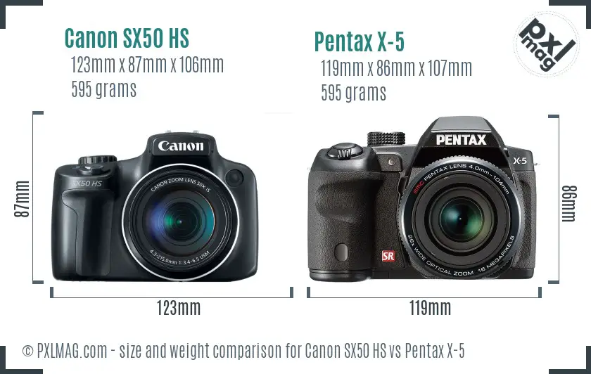 Canon SX50 HS vs Pentax X-5 size comparison