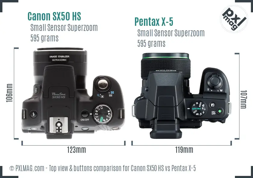Canon SX50 HS vs Pentax X-5 top view buttons comparison