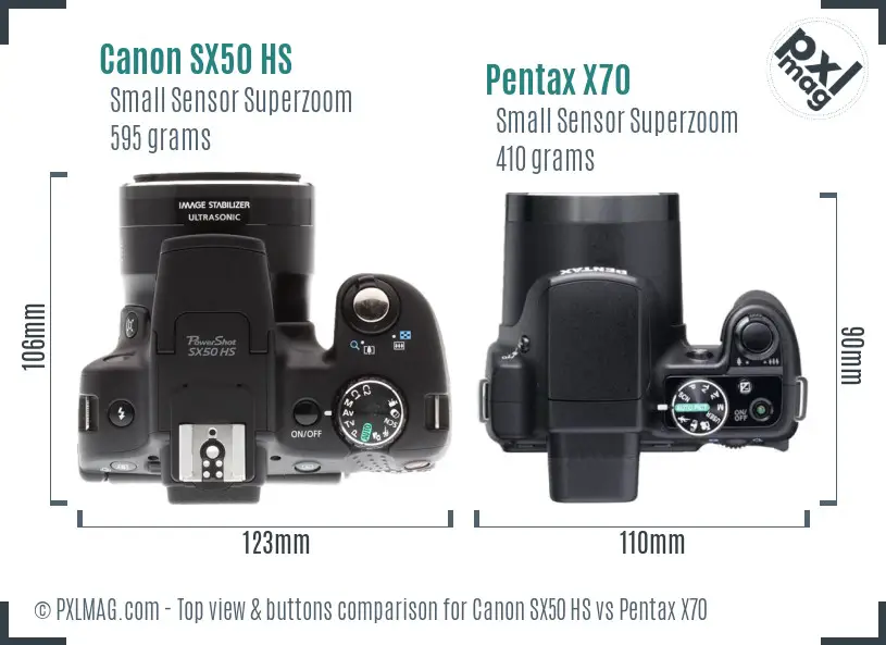 Canon SX50 HS vs Pentax X70 top view buttons comparison