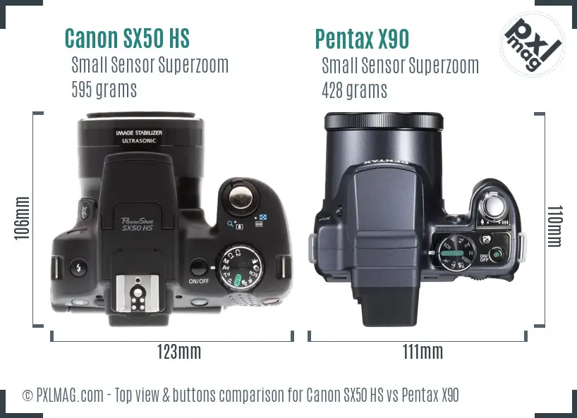 Canon SX50 HS vs Pentax X90 top view buttons comparison Canon SX50 HS vs Pentax X90 top view buttons comparison