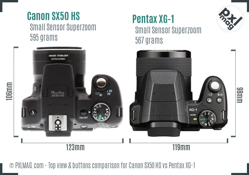 Canon SX50 HS vs Pentax XG-1 top view buttons comparison Canon SX50 HS vs Pentax XG-1 top view buttons comparison