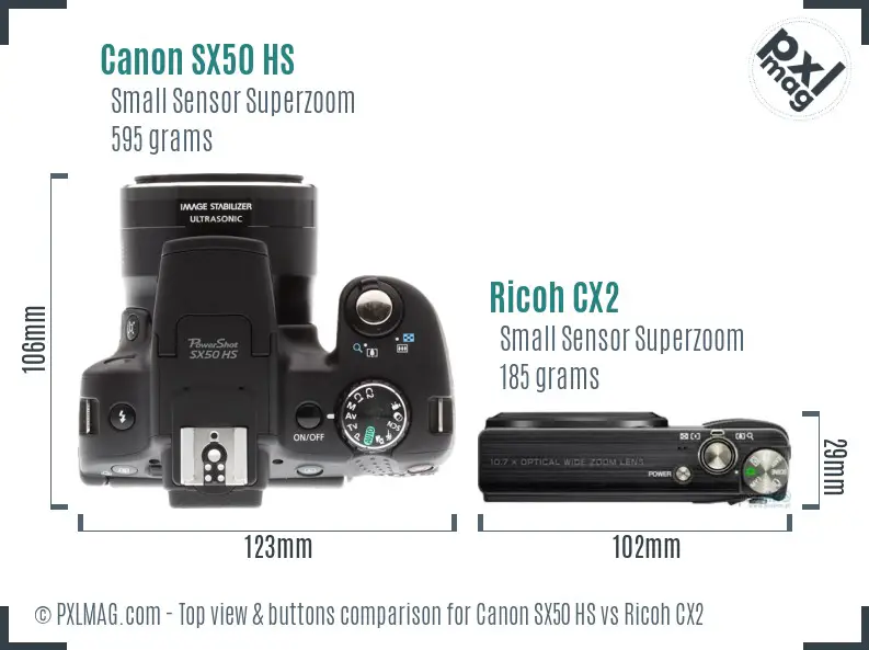 Canon SX50 HS vs Ricoh CX2 top view buttons comparison