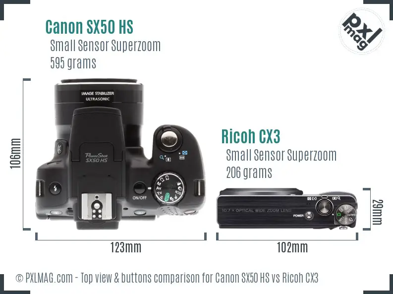 Canon SX50 HS vs Ricoh CX3 top view buttons comparison