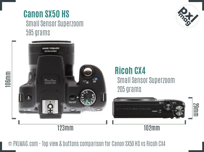 Canon SX50 HS vs Ricoh CX4 top view buttons comparison