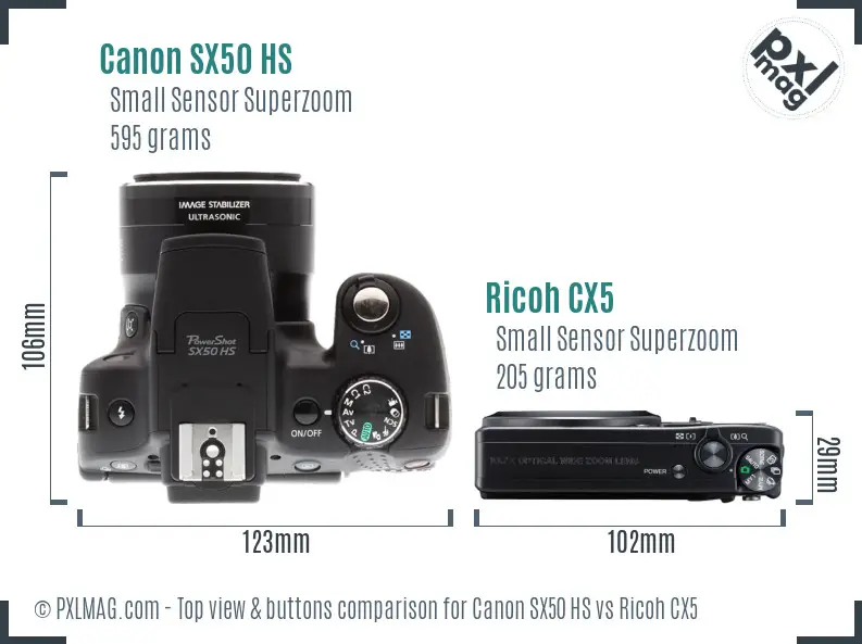 Canon SX50 HS vs Ricoh CX5 top view buttons comparison