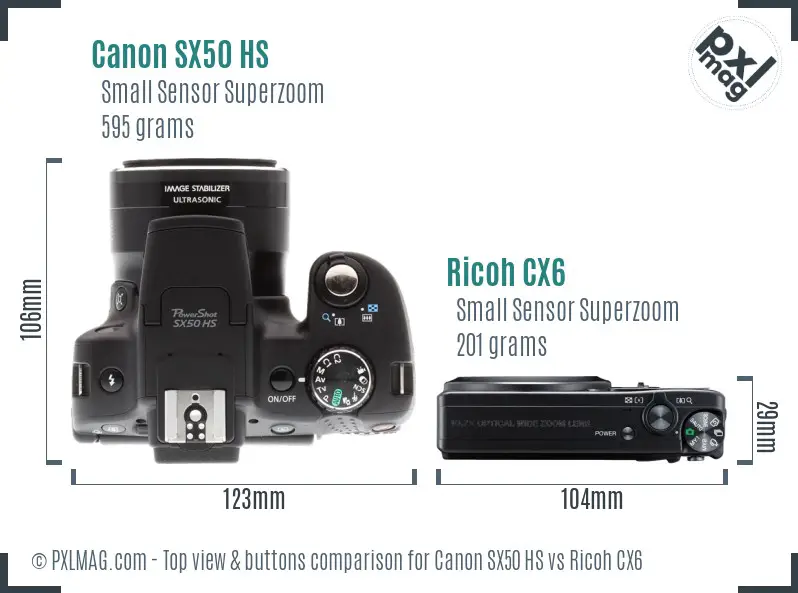 Canon SX50 HS vs Ricoh CX6 top view buttons comparison
