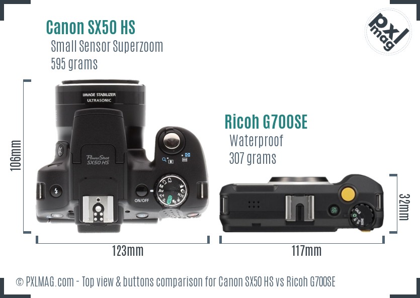 Canon SX50 HS vs Ricoh G700SE top view buttons comparison