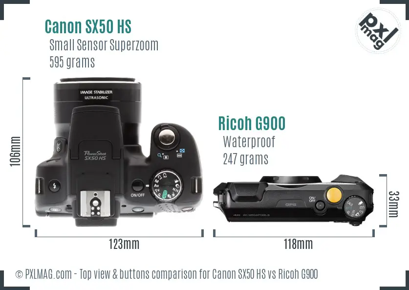 Canon SX50 HS vs Ricoh G900 top view buttons comparison Canon SX50 HS vs Ricoh G900 top view buttons comparison