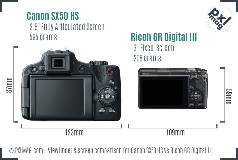 Canon SX50 HS vs Ricoh GR Digital III Screen and Viewfinder comparison