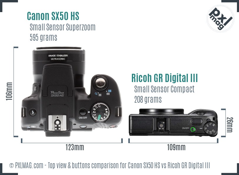 Canon SX50 HS vs Ricoh GR Digital III top view buttons comparison