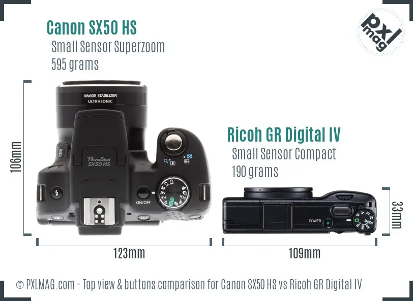 Canon SX50 HS vs Ricoh GR Digital IV top view buttons comparison