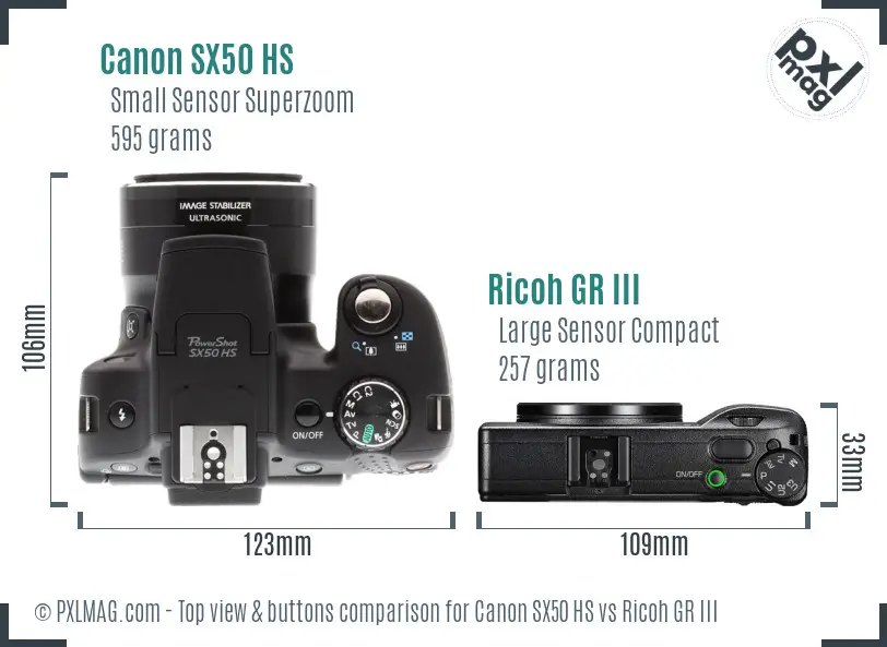 Canon SX50 HS vs Ricoh GR III top view buttons comparison Canon SX50 HS vs Ricoh GR III top view buttons comparison