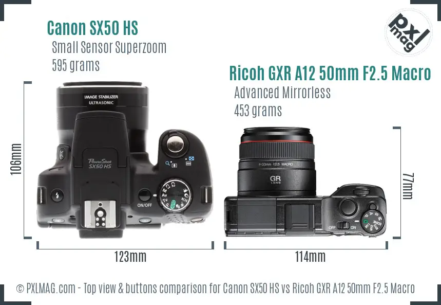 Canon SX50 HS vs Ricoh GXR A12 50mm F2.5 Macro top view buttons comparison Canon SX50 HS vs Ricoh GXR A12 50mm F2.5 Macro top view buttons comparison