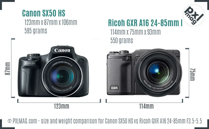 Canon SX50 HS vs Ricoh GXR A16 24-85mm F3.5-5.5 size comparison Canon SX50 HS vs Ricoh GXR A16 24-85mm F3.5-5.5 size comparison