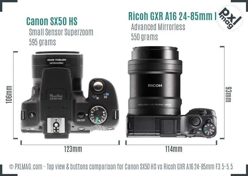 Canon SX50 HS vs Ricoh GXR A16 24-85mm F3.5-5.5 top view buttons comparison Canon SX50 HS vs Ricoh GXR A16 24-85mm F3.5-5.5 top view buttons comparison