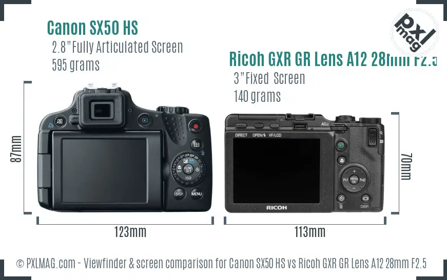 Canon SX50 HS vs Ricoh GXR GR Lens A12 28mm F2.5 Screen and Viewfinder comparison