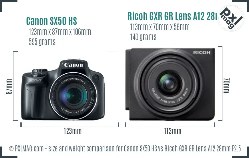 Canon SX50 HS vs Ricoh GXR GR Lens A12 28mm F2.5 size comparison