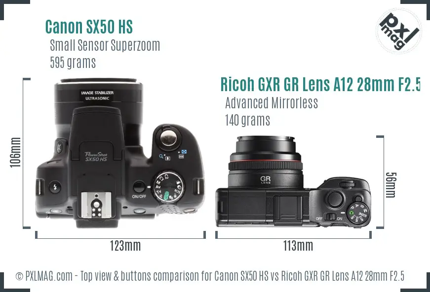 Canon SX50 HS vs Ricoh GXR GR Lens A12 28mm F2.5 top view buttons comparison