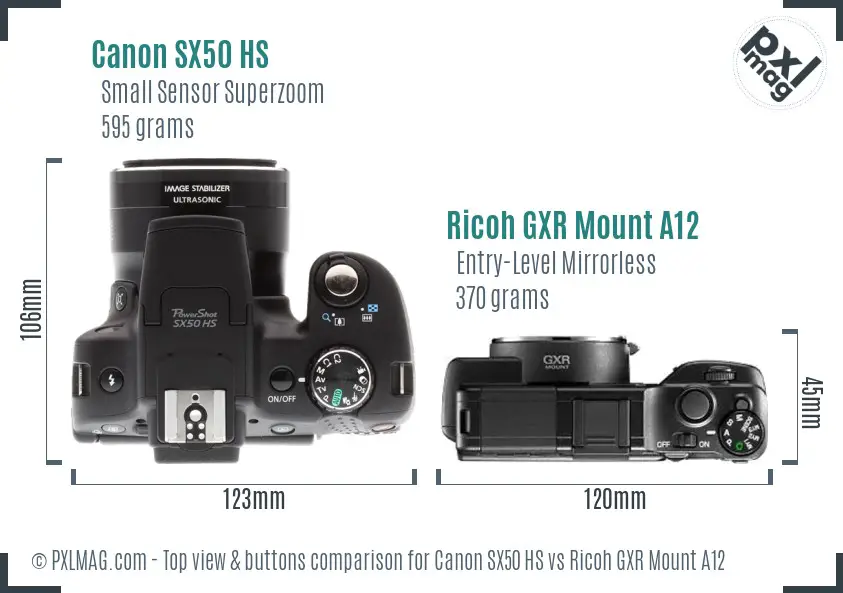 Canon SX50 HS vs Ricoh GXR Mount A12 top view buttons comparison