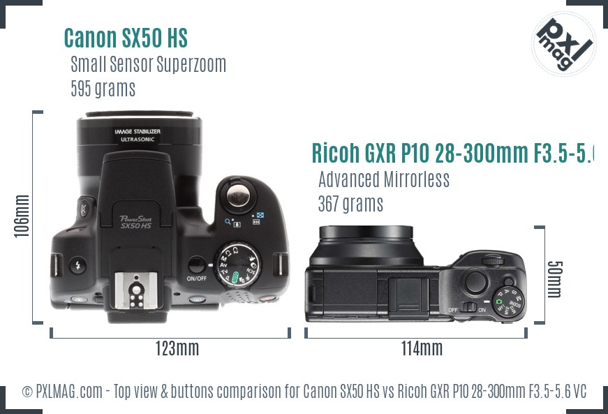 Canon SX50 HS vs Ricoh GXR P10 28-300mm F3.5-5.6 VC top view buttons comparison
