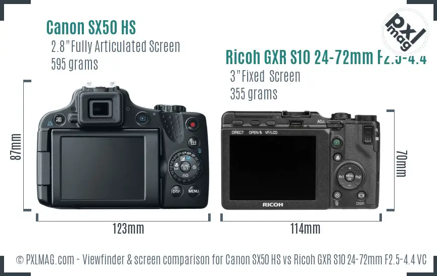 Canon SX50 HS vs Ricoh GXR S10 24-72mm F2.5-4.4 VC Screen and Viewfinder comparison