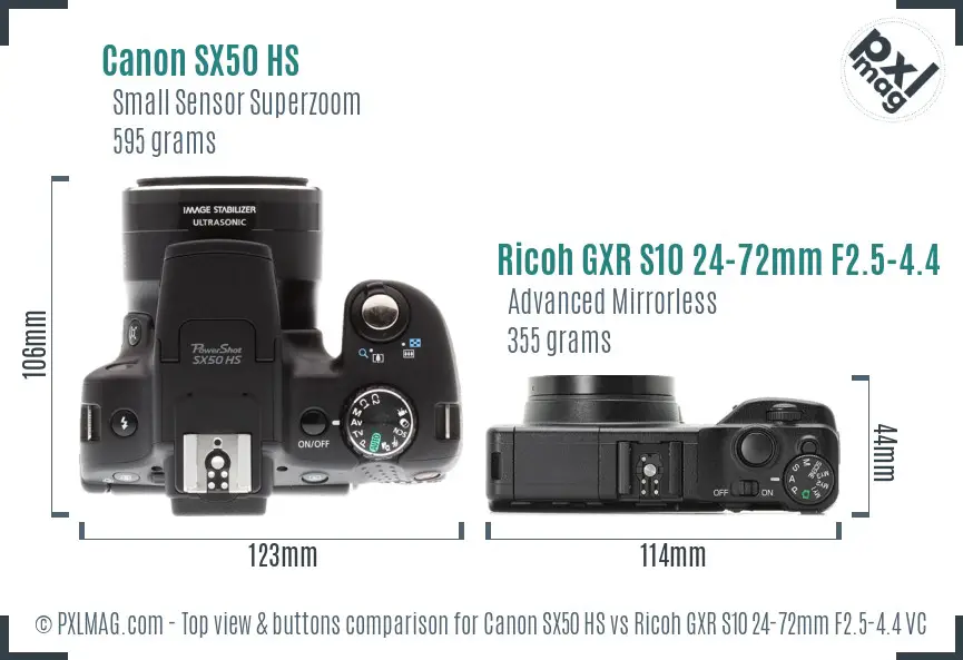 Canon SX50 HS vs Ricoh GXR S10 24-72mm F2.5-4.4 VC top view buttons comparison