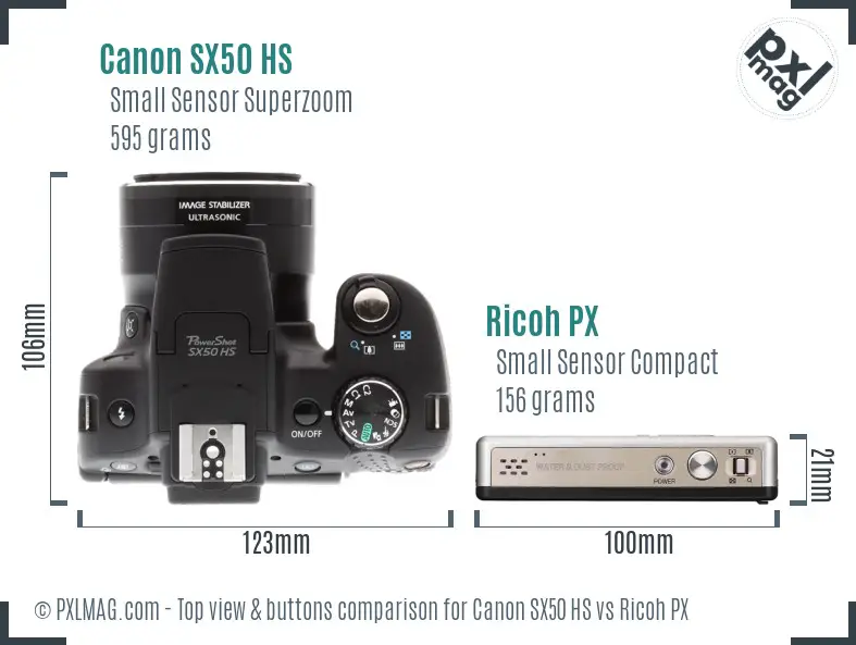 Canon SX50 HS vs Ricoh PX top view buttons comparison Canon SX50 HS vs Ricoh PX top view buttons comparison