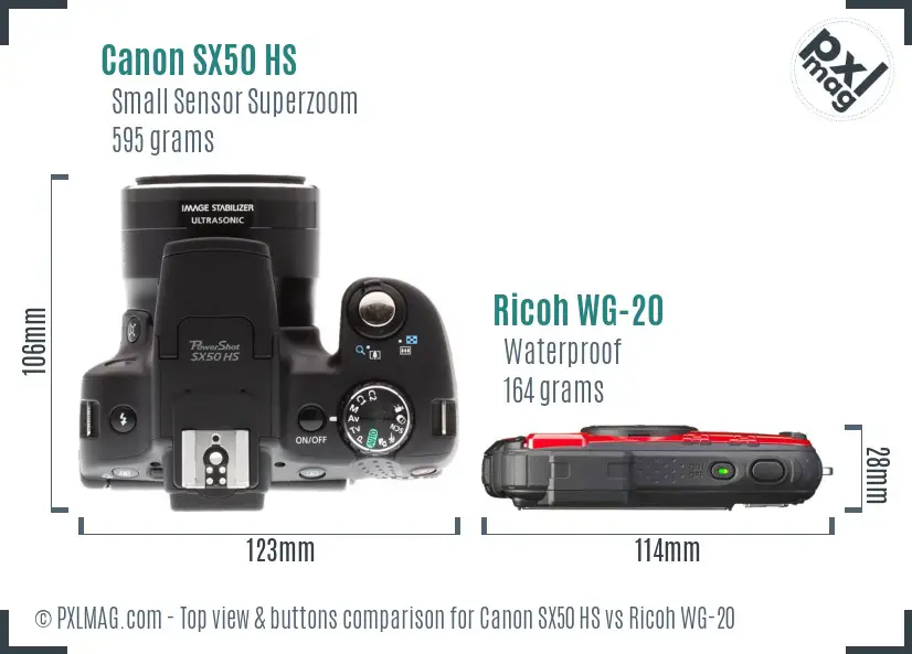 Canon SX50 HS vs Ricoh WG-20 top view buttons comparison Canon SX50 HS vs Ricoh WG-20 top view buttons comparison