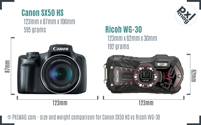 Canon SX50 HS vs Ricoh WG-30 size comparison