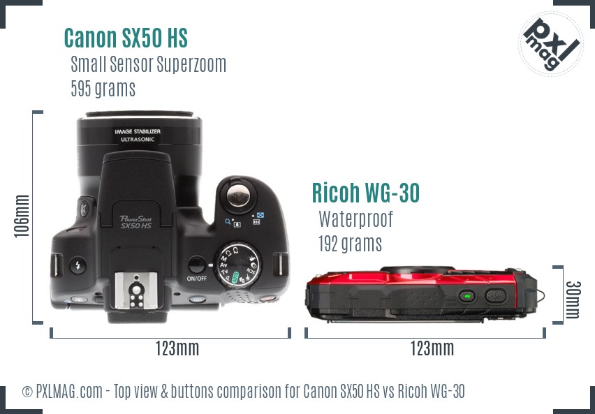 Canon SX50 HS vs Ricoh WG-30 top view buttons comparison