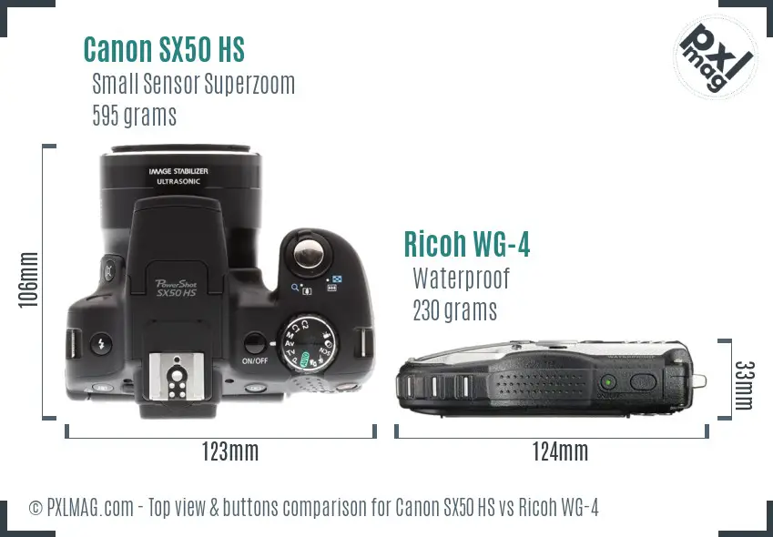 Canon SX50 HS vs Ricoh WG-4 top view buttons comparison Canon SX50 HS vs Ricoh WG-4 top view buttons comparison